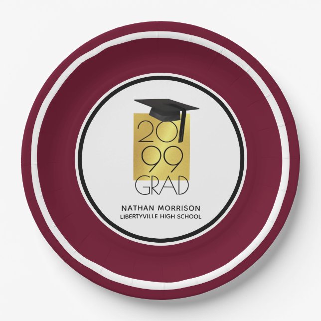 Plato De Papel Black & Gold GRAD | Maroon editable | Graduación (Anverso)