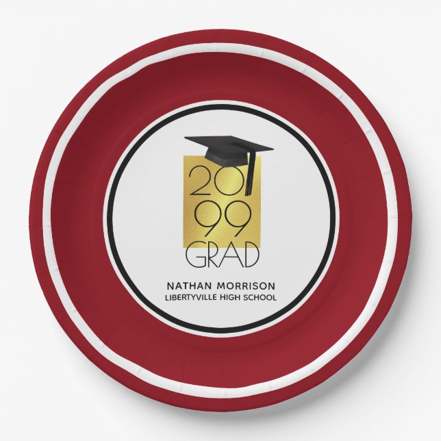 Plato De Papel Black & Gold GRAD | Rojo editable | Graduación (Anverso)