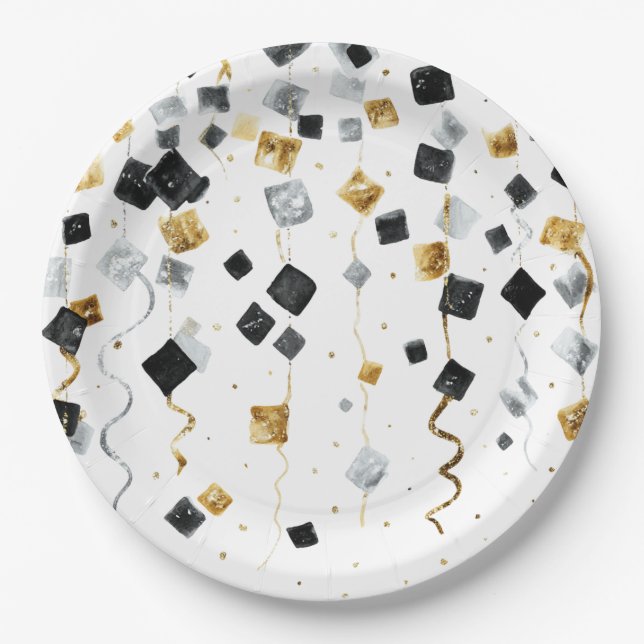 Plato De Papel Black Gold Happy New Year Confetti (Anverso)