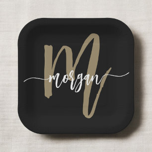 Plato De Papel Black Gold Modern Script Girly Monograma Nombre