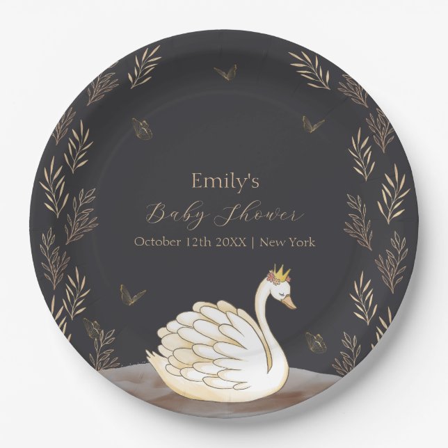 Plato De Papel Black Gold Princess Swan Butterfly Baby Shower (Anverso)