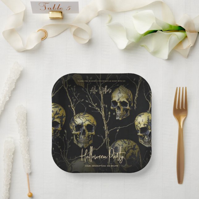 Plato De Papel Black Gold Skull Modern Adults Halloween Party (Boda)