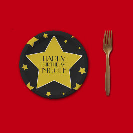 Plato De Papel Black Gold Stars Hollywood nombre de cumpleaños