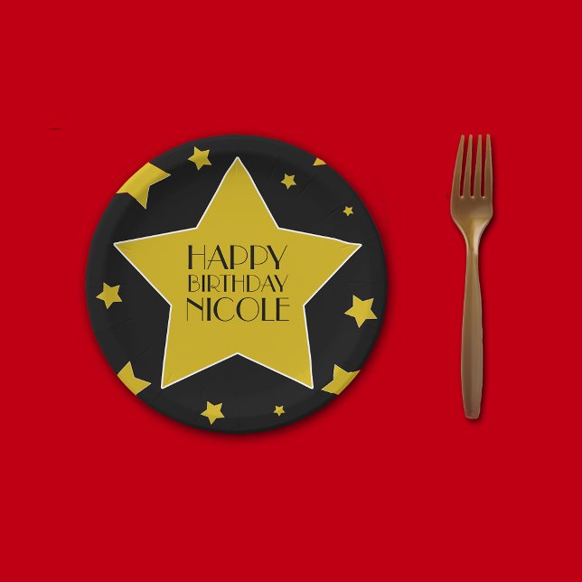 Plato De Papel Black Gold Stars Hollywood nombre de cumpleaños (Subido por el creador)