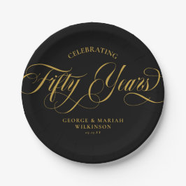 Plato De Papel Black Gold Swirly Script 50º aniversario del Boda
