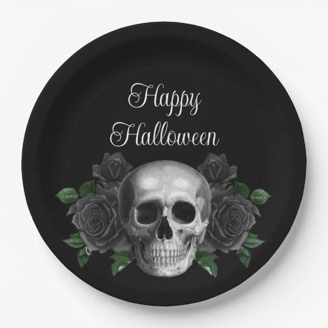 Plato De Papel Black Gothic Floral Skull Halloween (Anverso)