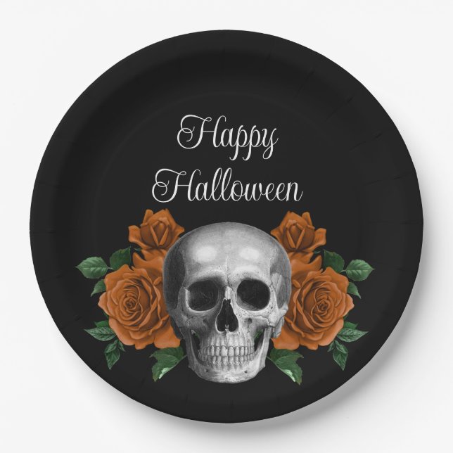 Plato De Papel Black Gothic Floral Skull Happy Halloween (Anverso)
