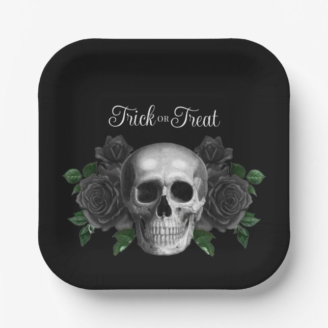 Plato De Papel Black Gothic Floral Skull Trick Or Treat Halloween (Anverso)