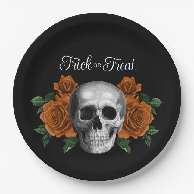 Plato De Papel Black Gothic Floral Skull Trick Or Treat Halloween (Anverso)