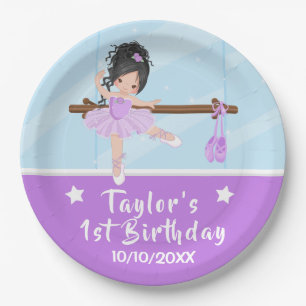 Plato De Papel Black Hair Ballerina Purple Tutu Papel de cumpleañ