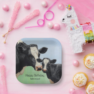Plato De Papel Black Holstein Cow & Cute Calf