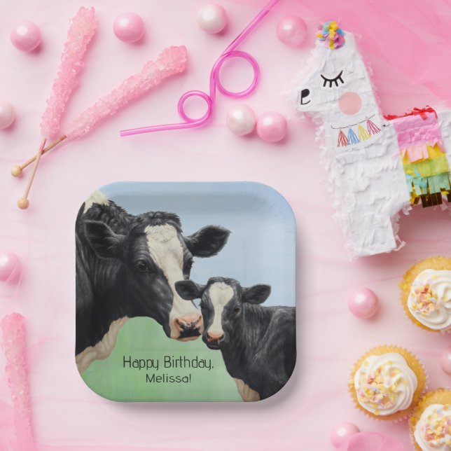 Plato De Papel Black Holstein Cow & Cute Calf (Fiesta)
