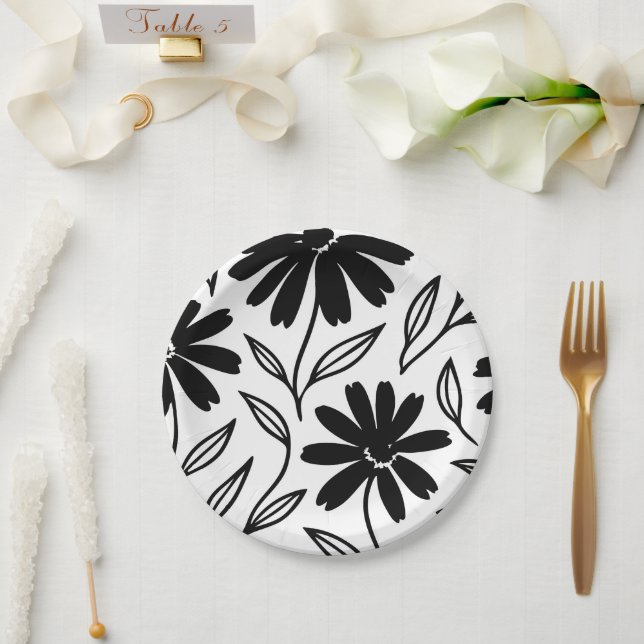 Plato De Papel Black Ink Daisies Boho Bridal Shower (Boda)