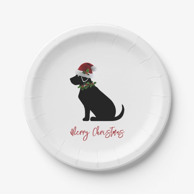 Plato De Papel Black Lab Feliz Navidad Santa Hat Holly Moderno (Anverso)