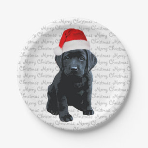 Plato De Papel Black Lab Santa Dog - Feliz Navidad Labrador Perro