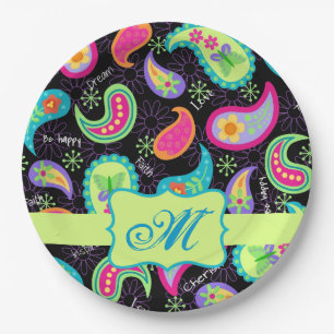 Plato De Papel Black Lime Green Monograma Personalizado Paisley