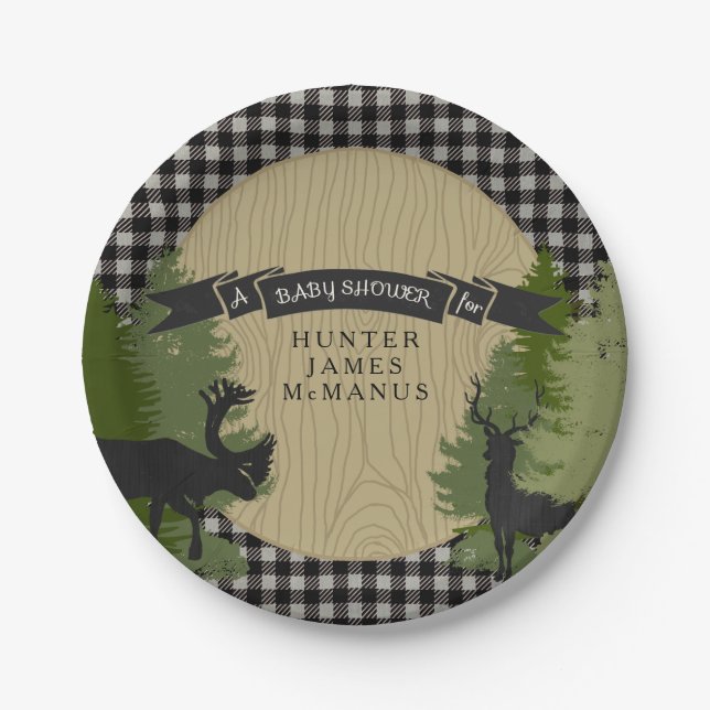 Plato De Papel Black Lumberjack Forest Woodland Baby Shower (Anverso)