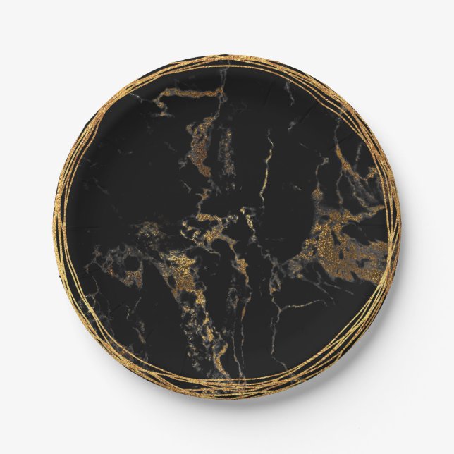 Plato De Papel Black Marble Glam Golden Birtday Fiesta (Anverso)