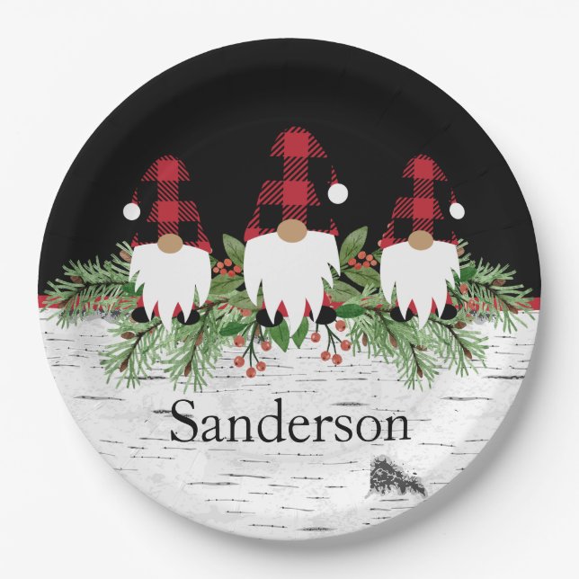 Plato De Papel Black Merry Christmas Red Buffalo Plaid Gnome (Anverso)