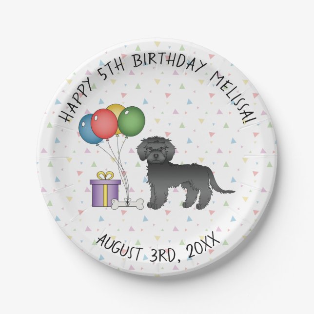 Plato De Papel Black Mini Goldendoodle Cute Cartog Dog Cumpleaños (Anverso)