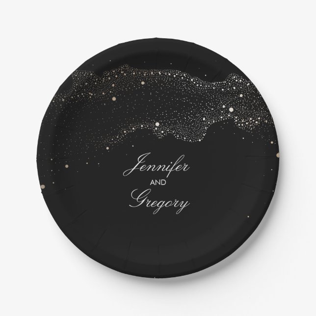 Plato De Papel Black Night Gold Stars Elegant Romantic Boda (Anverso)