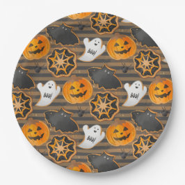 PLATO DE PAPEL BLACK ORANGE HALLOWEEN PUMPKINS GHOSTS BATS