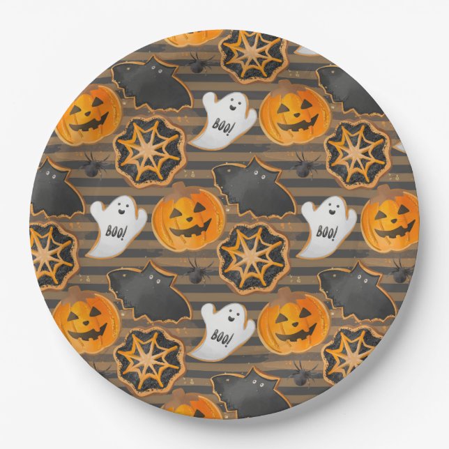 PLATO DE PAPEL BLACK ORANGE HALLOWEEN PUMPKINS GHOSTS BATS (Anverso)