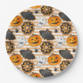 PLATO DE PAPEL BLACK ORANGE HALLOWEEN PUMPKINS GHOSTS BATS