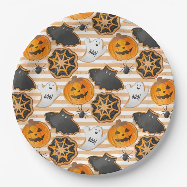 PLATO DE PAPEL BLACK ORANGE HALLOWEEN PUMPKINS GHOSTS BATS (Anverso)