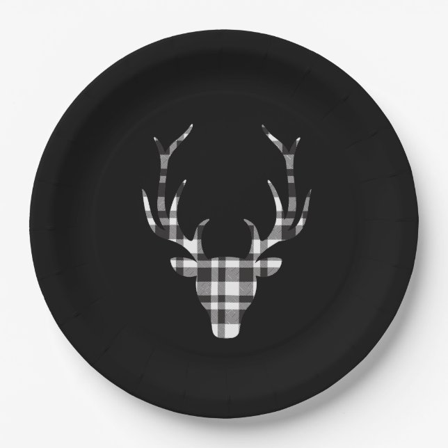 Plato De Papel Black Plaid Check Deer Christmas Paper Plates (Anverso)