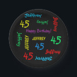 Plato De Papel Black Plates, 45th Birthday Party, Repeating Names<br><div class="desc">Qué plato de papel personalizado maravilloso para una fiesta de 45 años o cualquier otra ocasión. El nombre y la edad se repiten en diferentes fuentes y colores primarios en un fondo negro. Fácil de personalizar: CAMBIE NOMBRE, EDAD Y OCASIÓN EN UN SOLO LUGAR. Admite un nombre de hasta 9...</div>