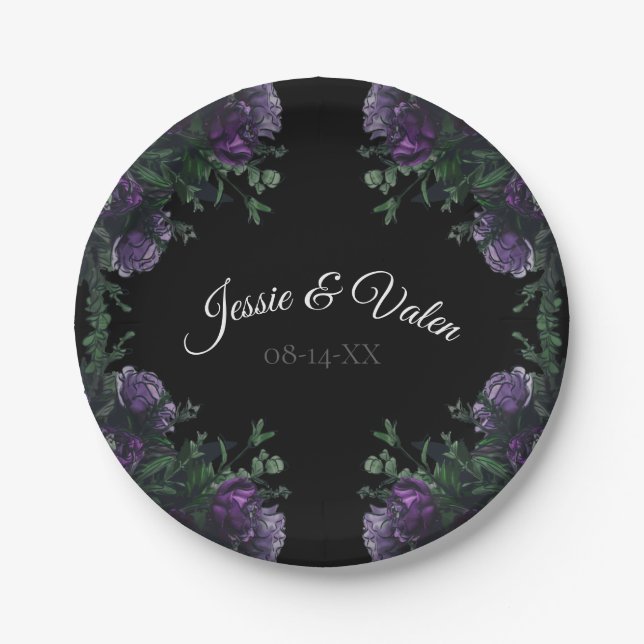Plato De Papel Black Purple Floral Elegant Wedding Gótico (Anverso)