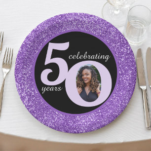 Plato De Papel Black Purple Purpurina 50 Cincuenta años 50 cumple