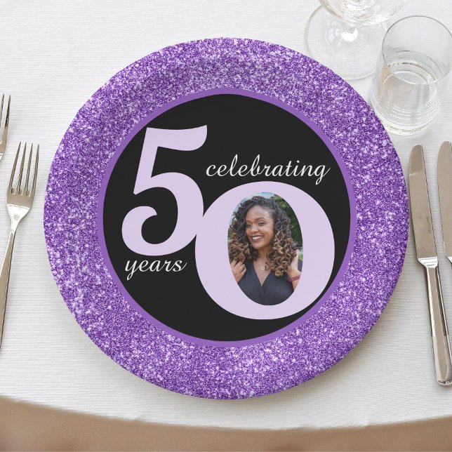 Plato De Papel Black Purple Purpurina 50 Cincuenta años 50 cumple (Black Purple Glitter 50 Fifty Years 50th Birthday Paper Plates)
