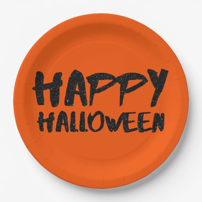 Plato De Papel Black Purpurina Marker Happy Halloween (Anverso)