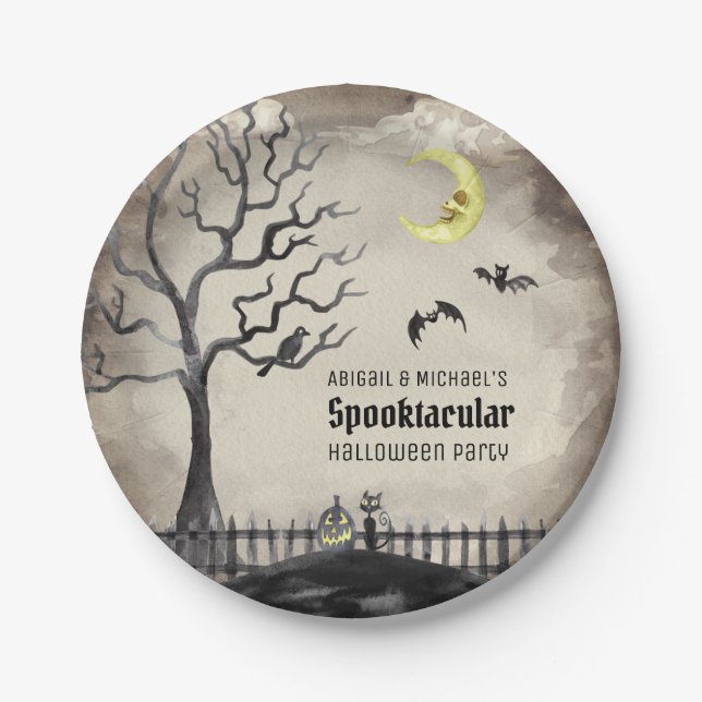 Plato De Papel Black & Sepia Spooky Scene Halloween Party (Anverso)