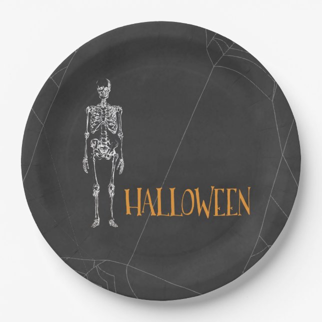 Plato De Papel Black Skeleton Spiderweb Halloween Party (Anverso)