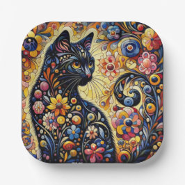 Plato De Papel Black Whimsical Cat Resumen Arte de pintura floral