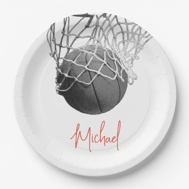 Plato De Papel Black & White Basketball Ball & Net Your Name (Anverso)