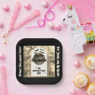 Plato De Papel Black White Bats Spider Full Moon Happy Halloween