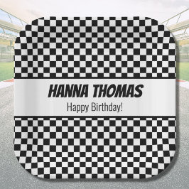 Plato De Papel Black White Check Pattern Racing Theme Birthday