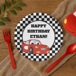 Plato De Papel Black White Checkered Red Race Car Birday Party