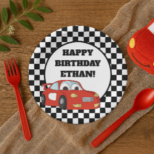 Plato De Papel Black White Checkered Red Race Car Birday Party
