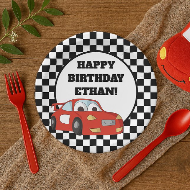 Plato De Papel Black White Checkered Red Race Car Birday Party (Red race car little boy's birthday party paper plate)