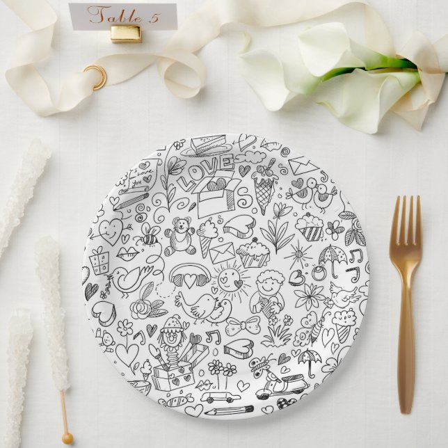 Plato De Papel Black & White Cute Doodle (Boda)