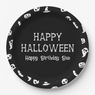 Plato De Papel Black White Halloween Bats & Ghost Halloween Party