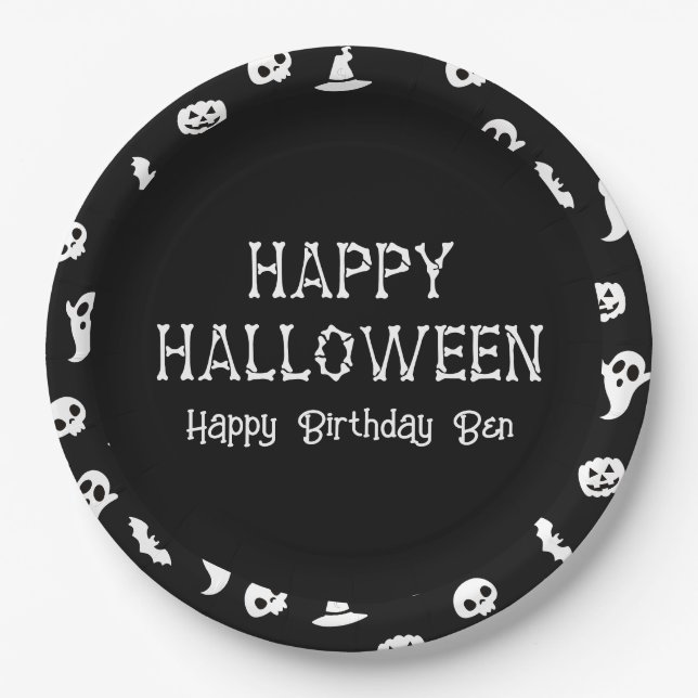 Plato De Papel Black White Halloween Bats & Ghost Halloween Party (Anverso)