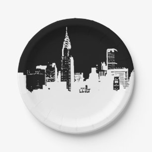 Plato De Papel Black White New York City Skyline Pop Art