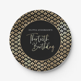 Plato De Papel Black White y Gold Script 30 cumpleaños Fiesta