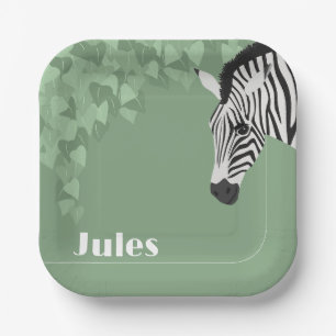 Plato De Papel Black White Zebra Green Ivy añadir nombre